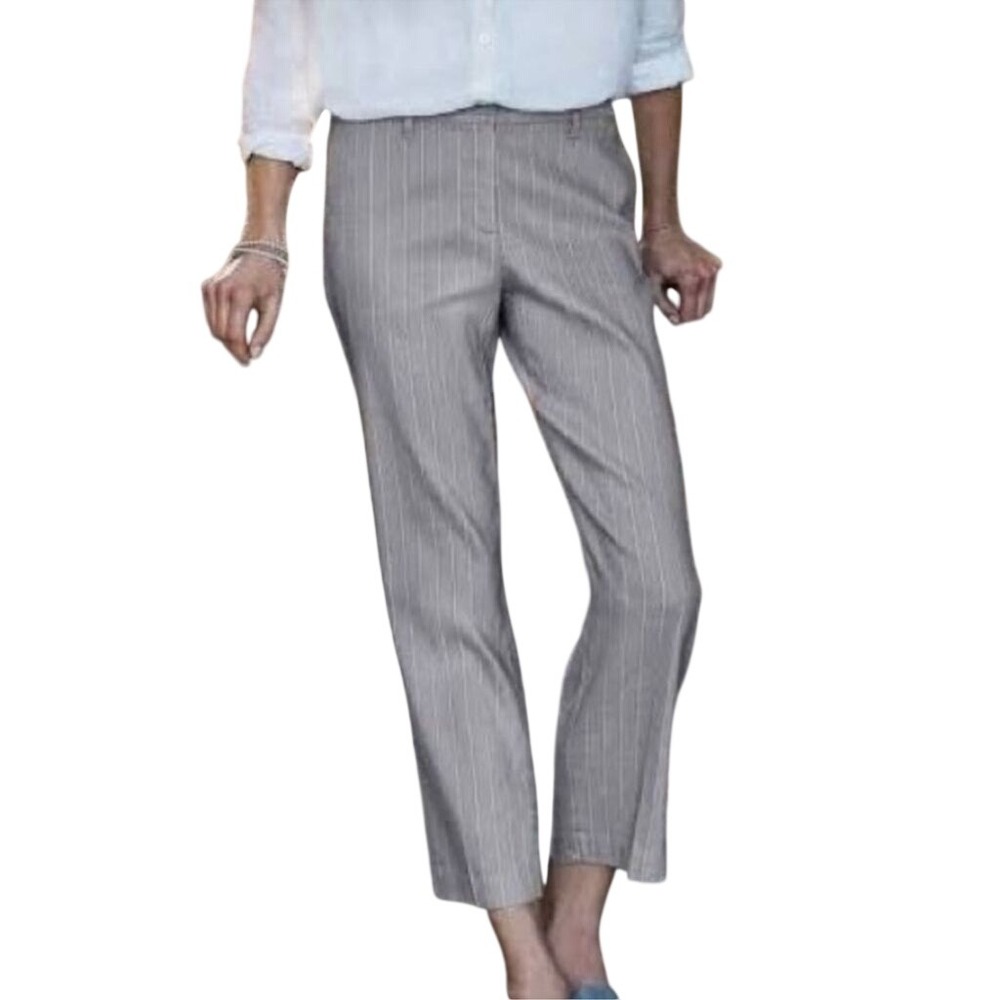 NWOT J.Jill Linen Stretch Straight-Leg Cropped Trouser Pants Gray Pinstripe 14P